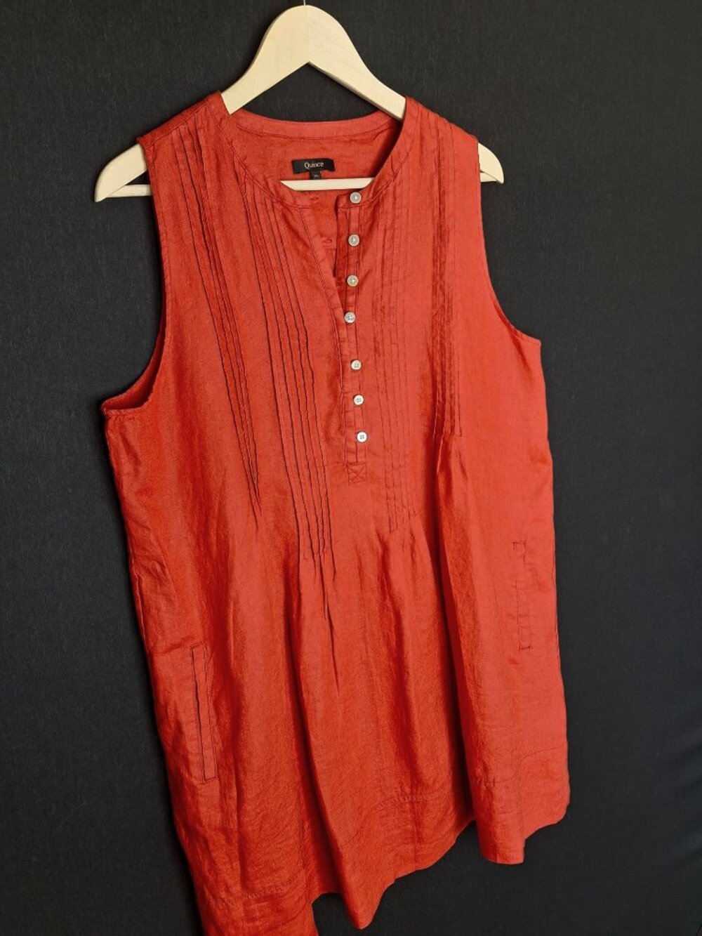 💙 Quince 100% Linen Sleeveless Tunic Dress Red Size XL Pintuck Henley Pockets C - Picture 4 of 7